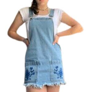Forever 21 Women's Embroidered Floral Blue Denim Skirt Overall Pockets Sz Large